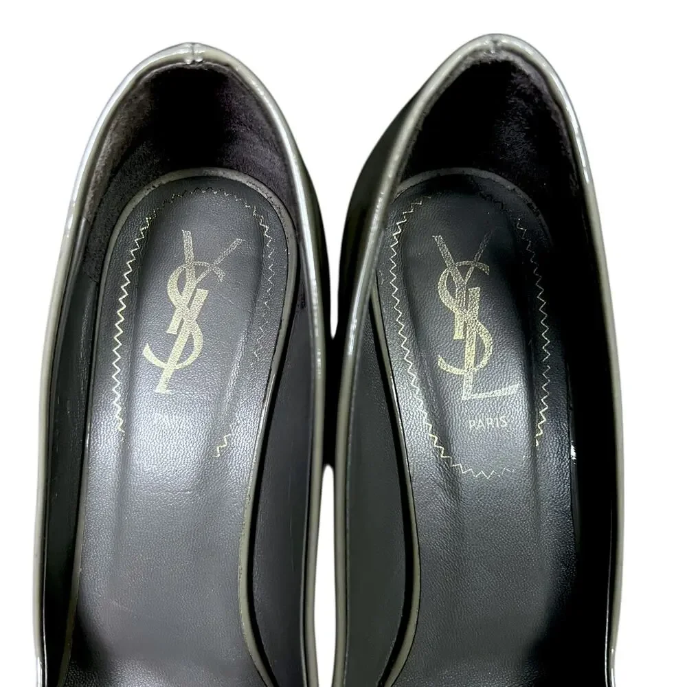 YSL Saint Laurent Paris Women's 38.5 Olive Gray Patent Leather Pumps Heels - Picture 4 of 8